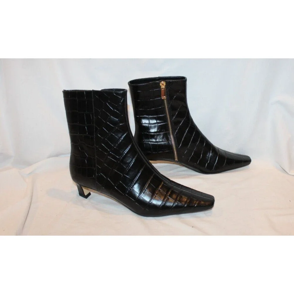 Michael Kors $175 Cosmo Croc-Embossed Bootie Kitten Heels Boots Black NIB 7